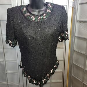 Laurence Kazar new York 100% silk shell. Petite medium. Black with candy canes